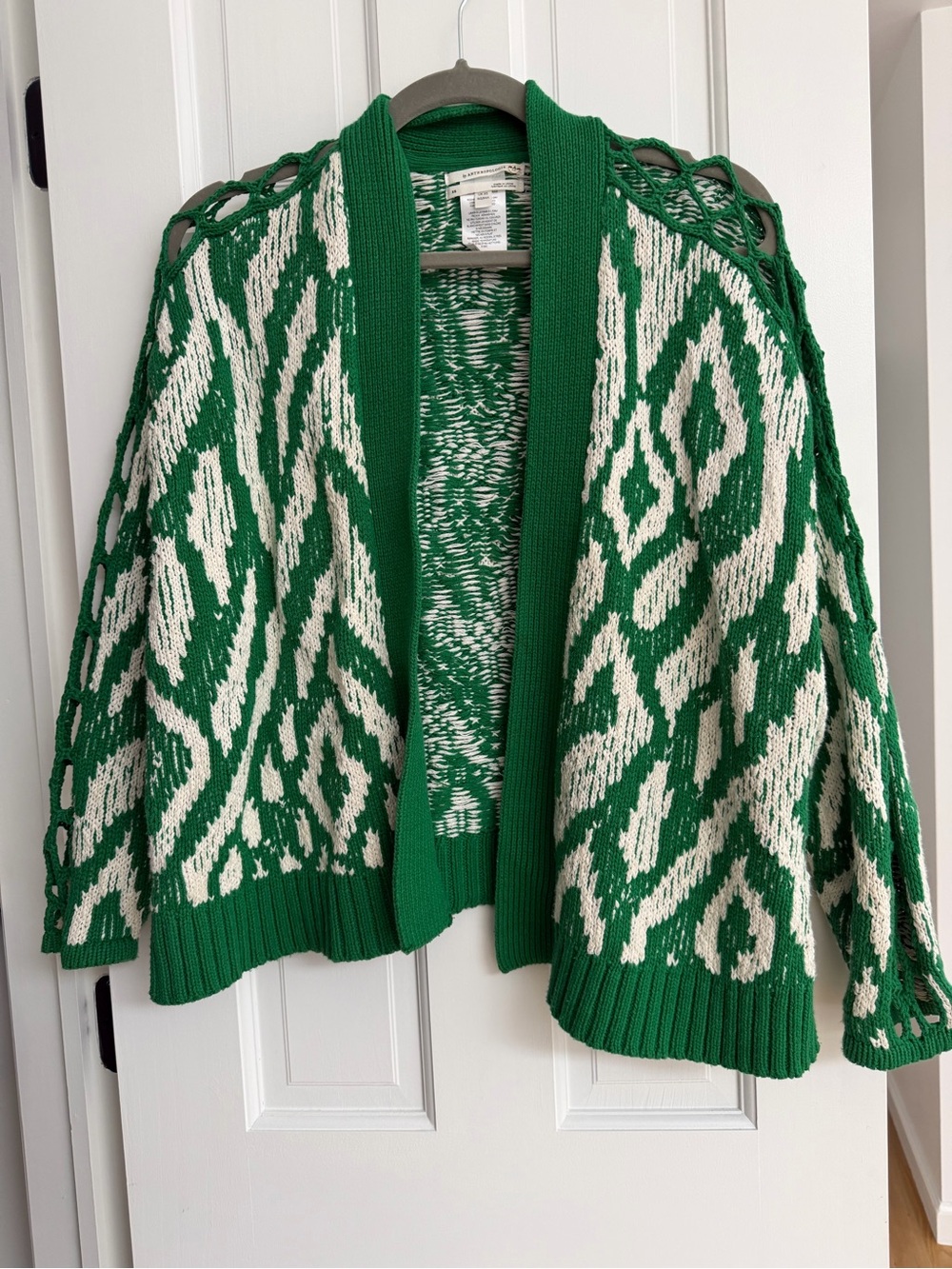 Anthropologie Green and White Open-Weave Patterned Cardigan